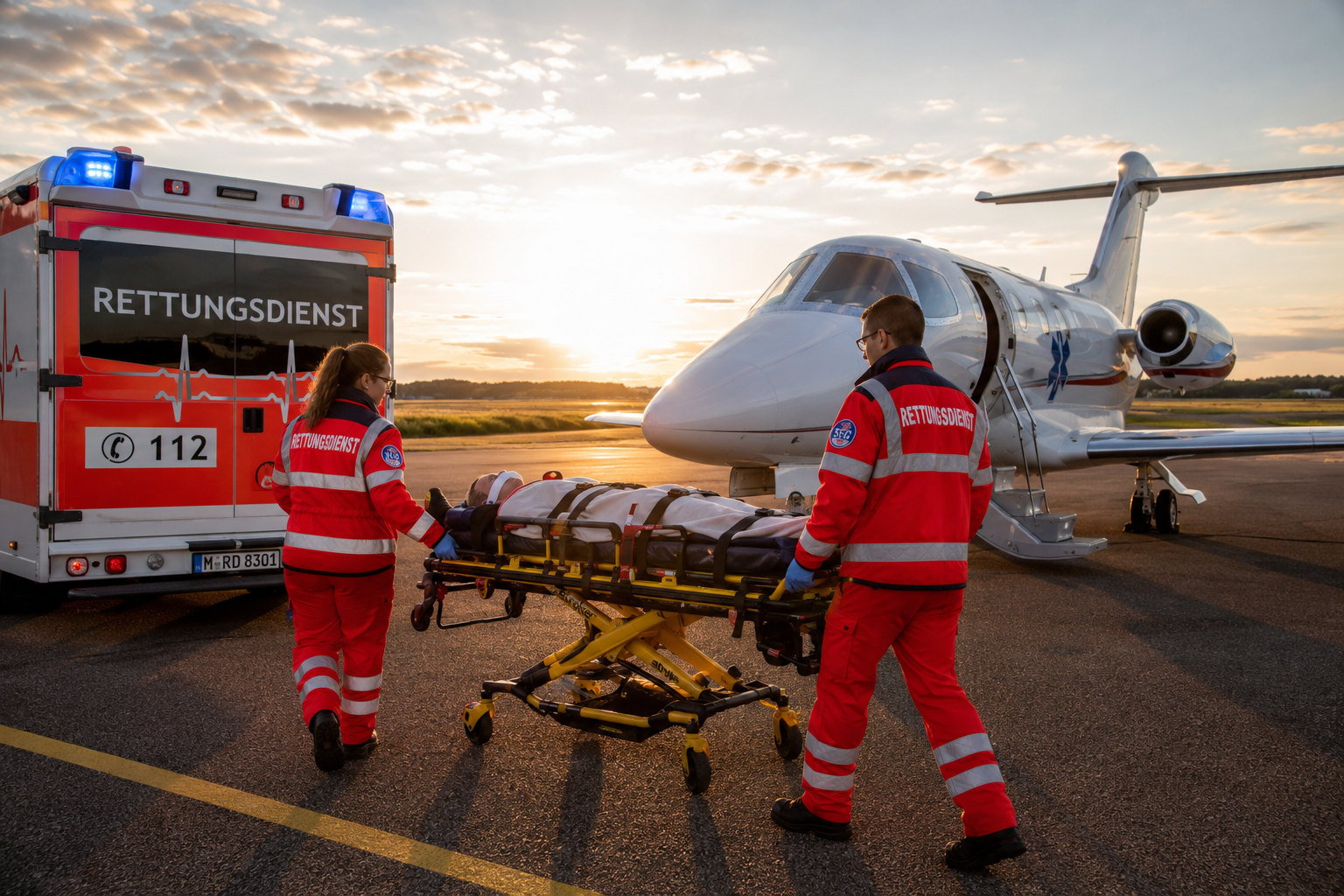 Rettungsdienstpersonal der TEN SEG Hamburg übergibt Patienten an Ambulanzjet bei Sonnenuntergang – MedEvac und Repatriierung